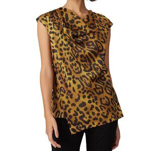 Adam Lippes Collective Cap Short Sleeve Leopard Print Cowlneck Top Shirt XS
